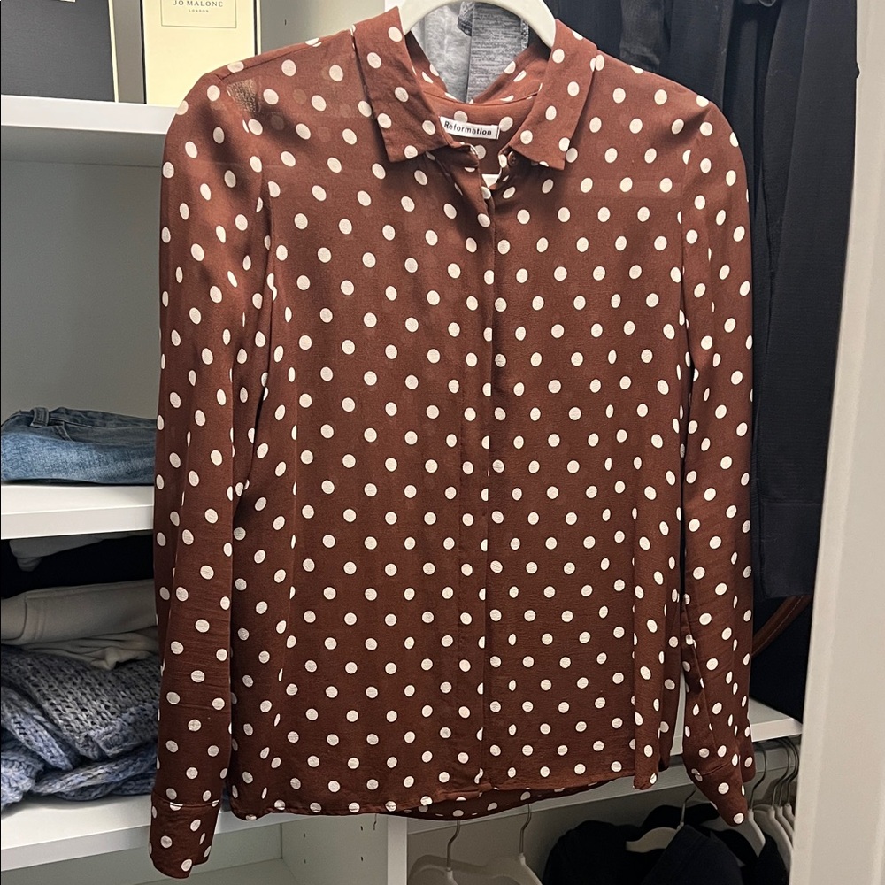 Reformation Chocolate Brown Polka Dot Blouse